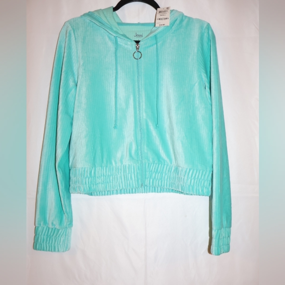Jenni Ribbed Velour Full-Zip Hoodie-Blue Turquoise. Small. NWT.